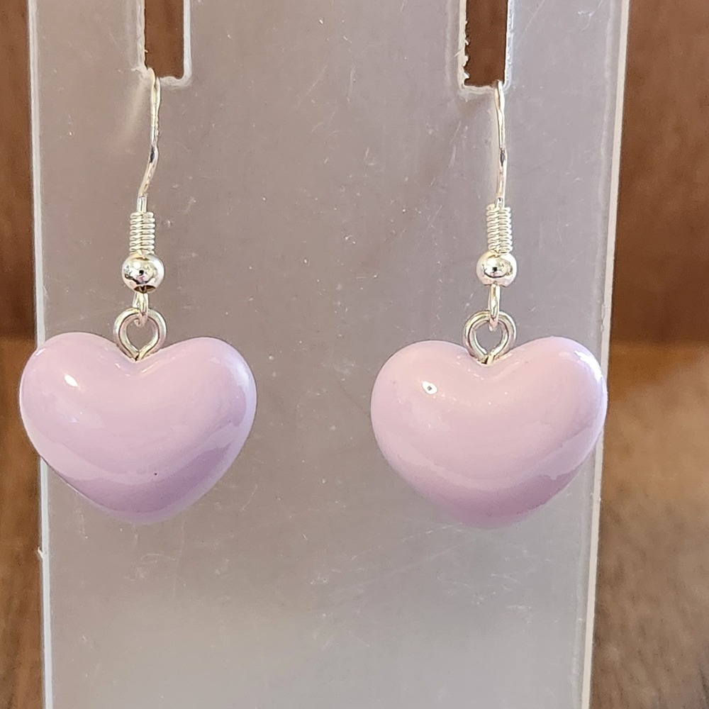 Lavender Heart Drop Earrings Lilac‎ Puffy Glossy Silver Tone Hooks Dangle